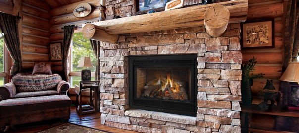 stone fireplace in den