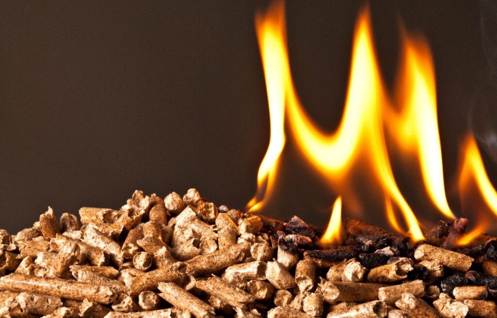 A pellet stove burning wood pellets