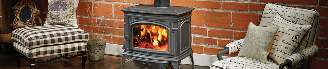 woodstove with white armchair