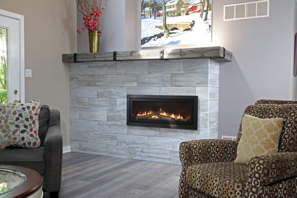 white stone fireplace