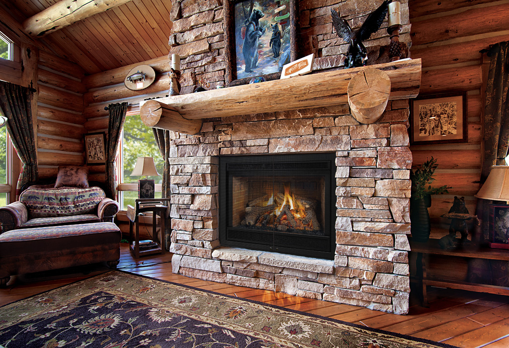 A small room with a pioneer theme is made cozier by a burning wood fireplace