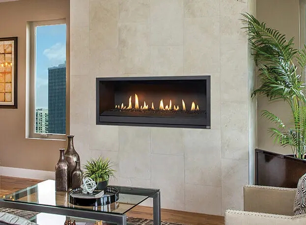 a gas fireplace on a wall