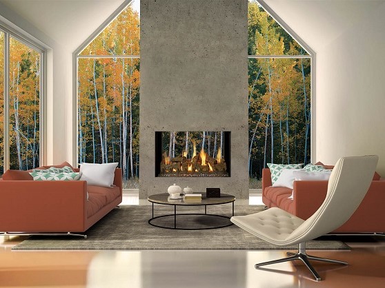 DaVinci Timber Fire fireplace in open, high ceiling living room.
