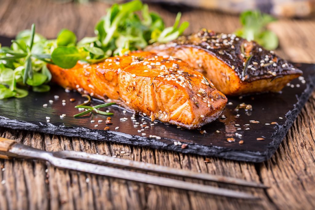 grilled salmon on a tray