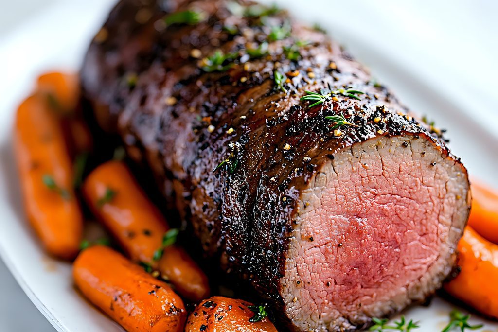 Juicy herb-crusted beef tenderloin cooked to medium rare