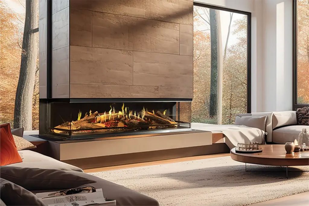 a fireplace built into a wall in a living room and surrounded by large windows