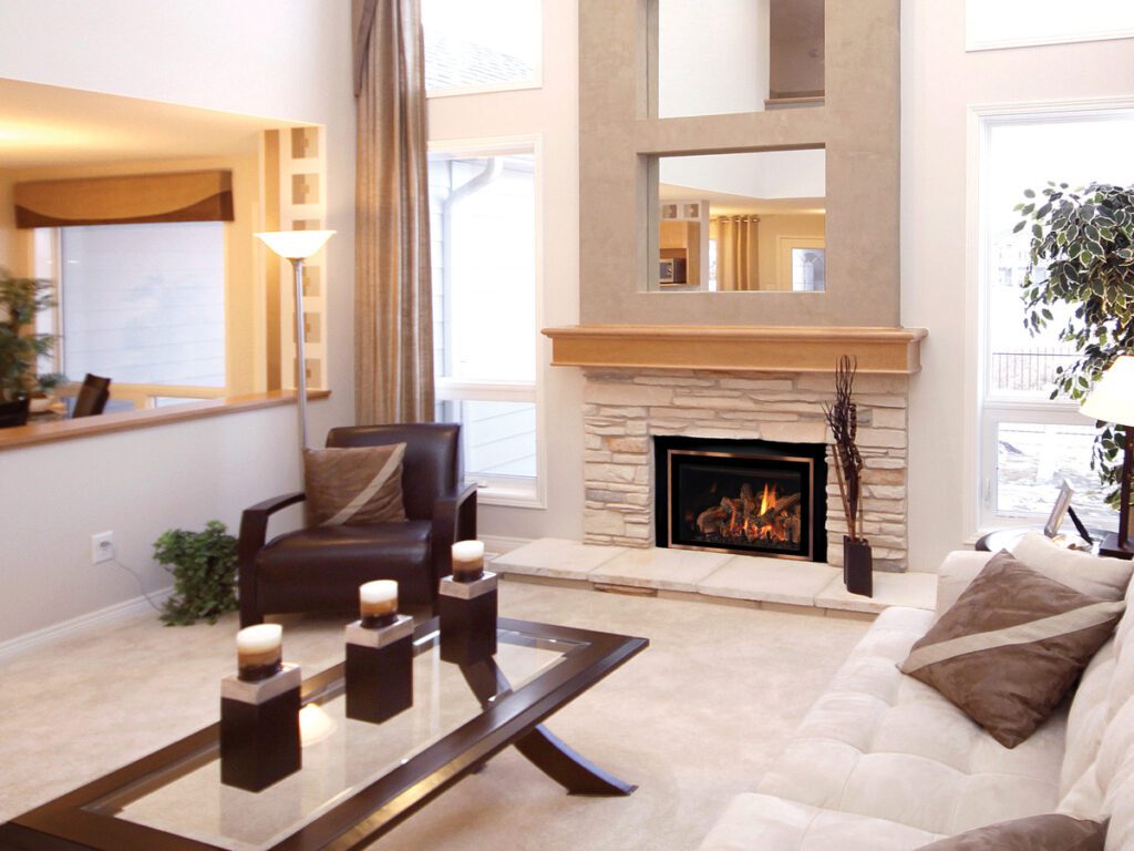a Mendota Two fireplace in a living room