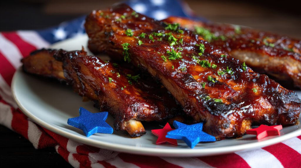 close-up of a plate of barbecue ribs with red and blue garnish